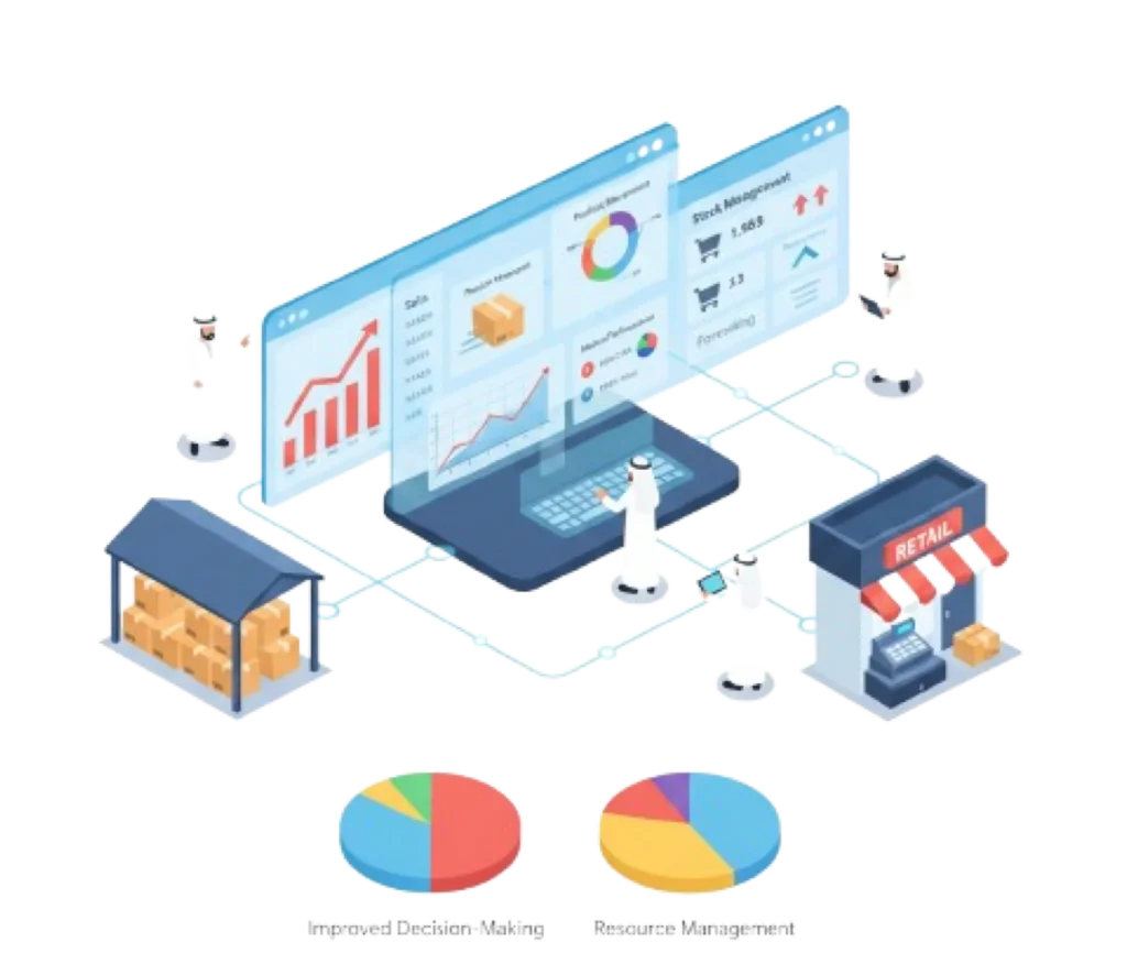 n illustration depicting retail business intelligence and data analytics.