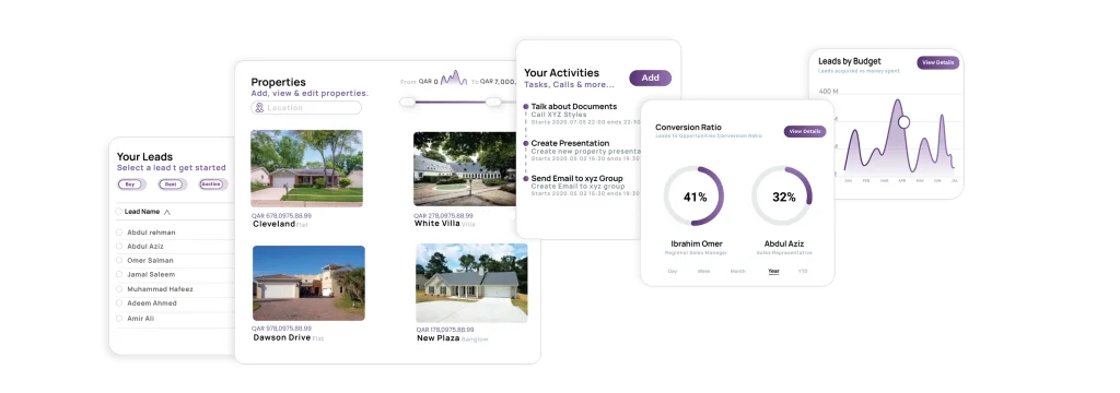 a mobile real estate application or CRM (Customer Relationship Management) dashboard interface.