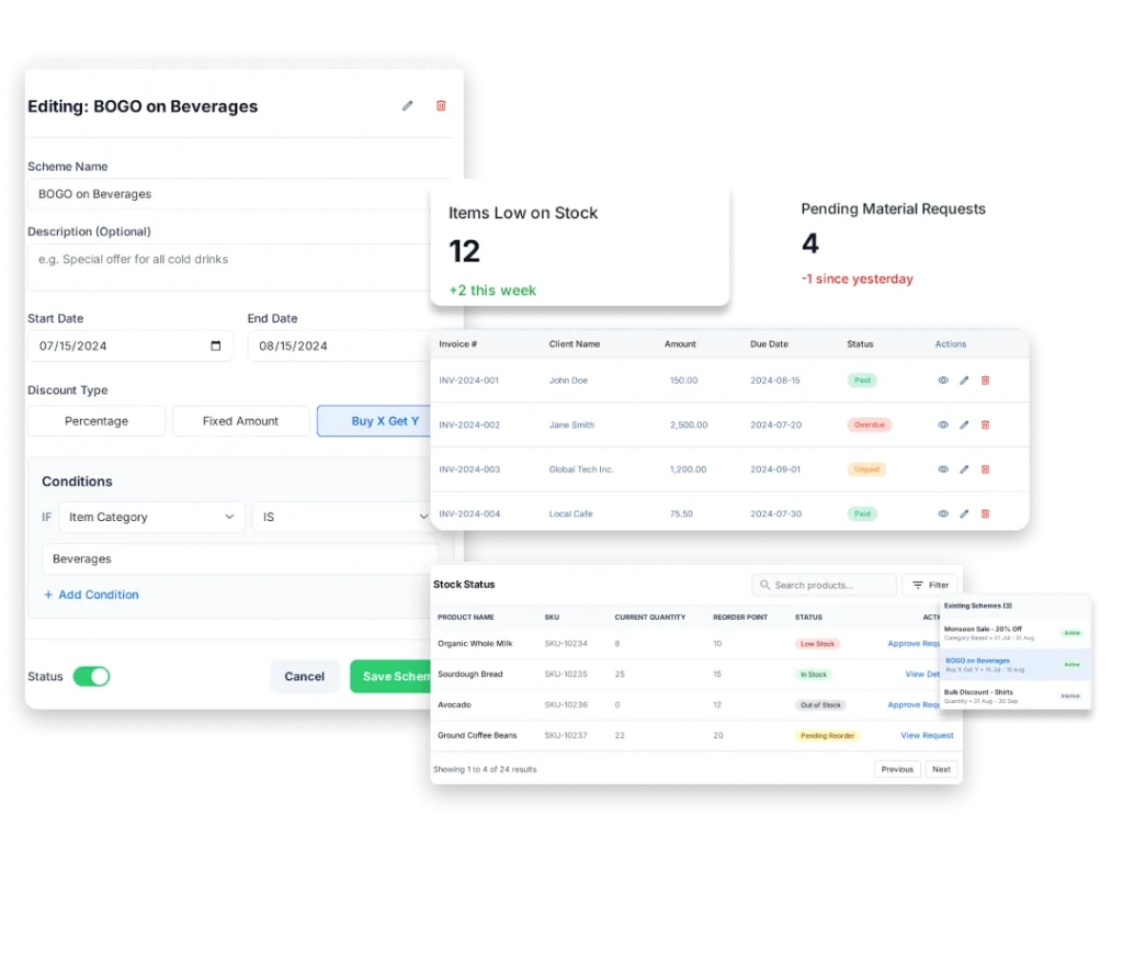 screenshots of the Booqable rental management software interface.